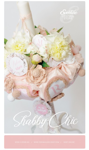 Lumanare de botez pentru fetite deosebita cu monograma si bujori, 65x4 cm, Shabby Chic  2